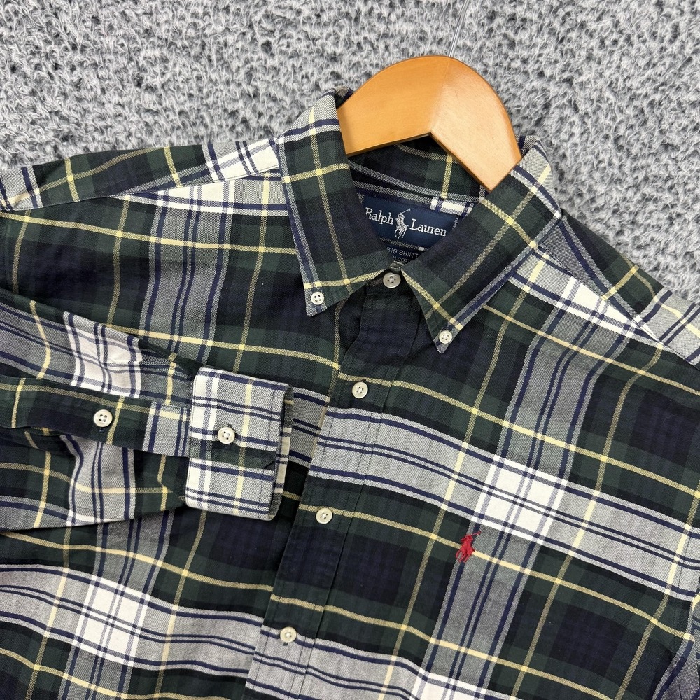 Vintage Ralph Lauren "BIG" Shirt Mens Medium Green Plaid Button Down Pony